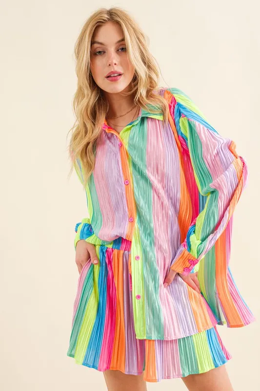 Press Pleated Rainbow Shirt with Matching Shorts