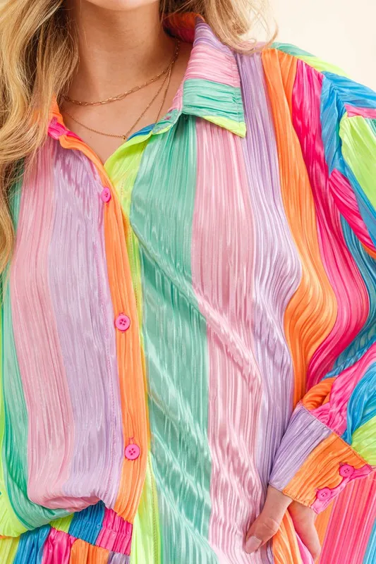 Press Pleated Rainbow Shirt with Matching Shorts