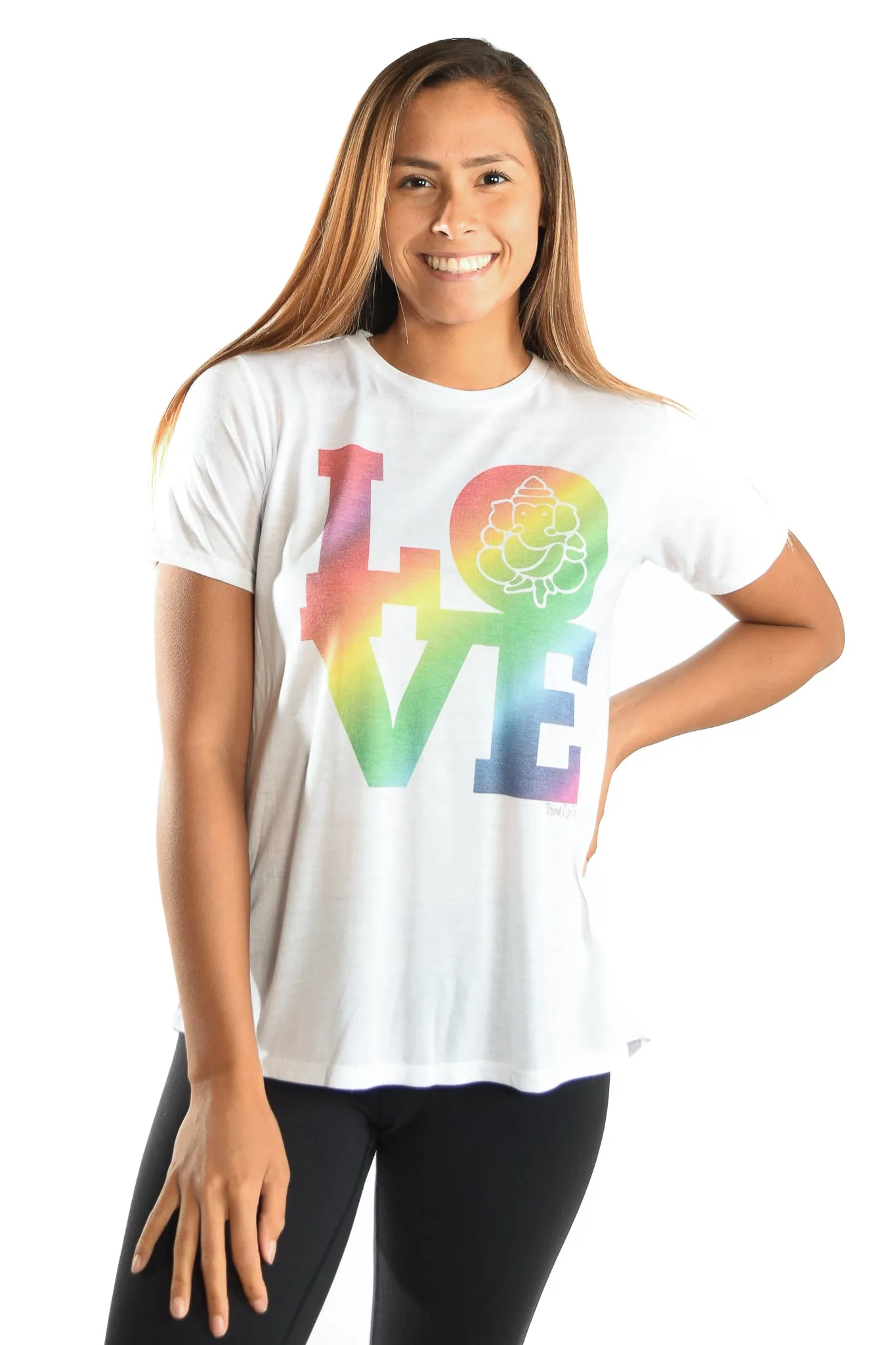 RAINBOW LOVE GANESH ON WOMEN'S WHITE SHORT SLEEVE SHIRRED BACK TEE