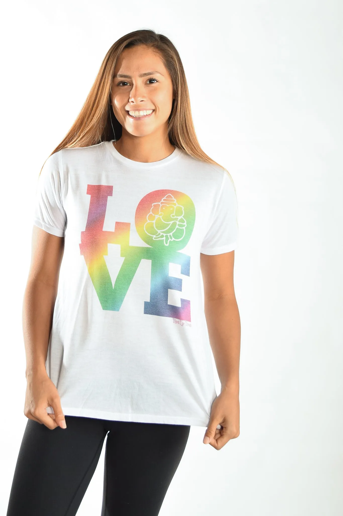 RAINBOW LOVE GANESH ON WOMEN'S WHITE SHORT SLEEVE SHIRRED BACK TEE