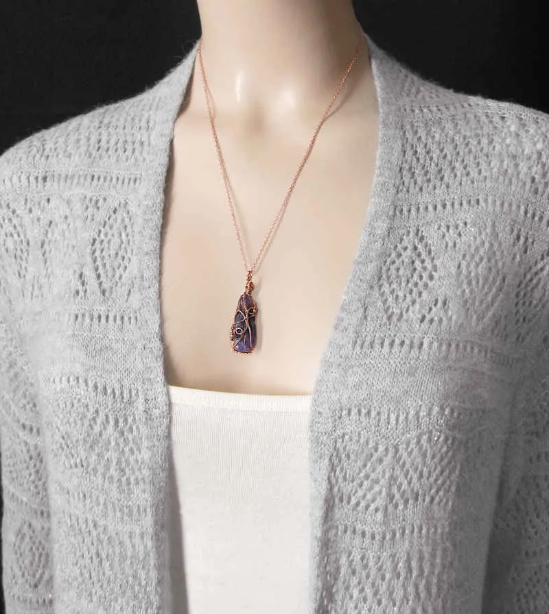 Raw Dark Purple Amethyst Crystal Reversible Pendant Necklace, Copper Wire-Wrapped, Handmade