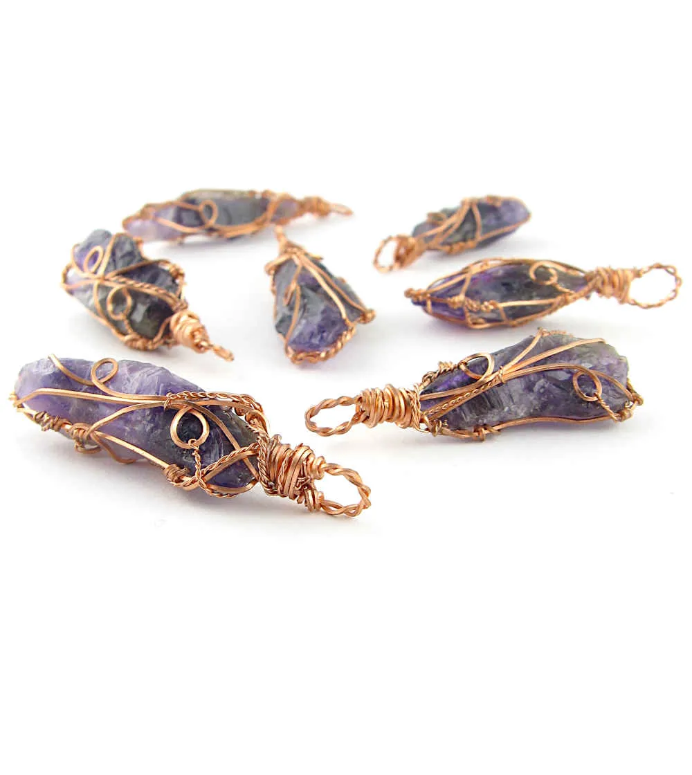 Raw Dark Purple Amethyst Crystal Reversible Pendant Necklace, Copper Wire-Wrapped, Handmade