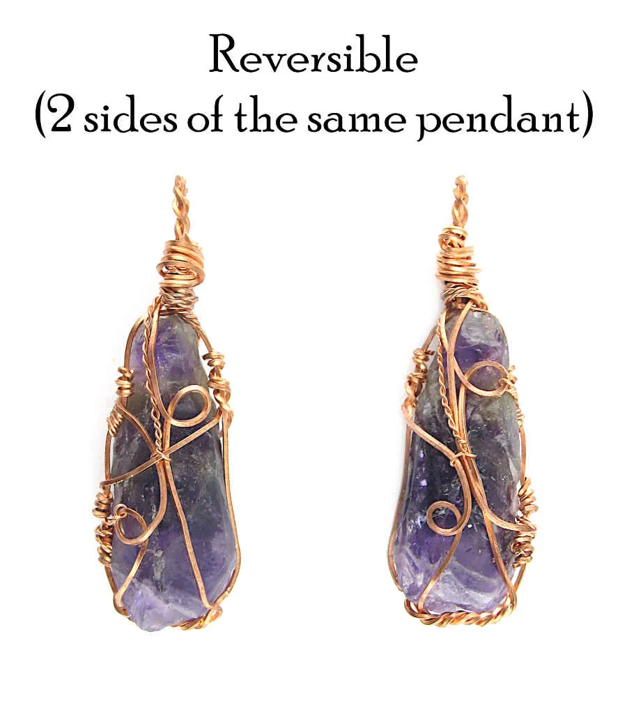 Raw Dark Purple Amethyst Crystal Reversible Pendant Necklace, Copper Wire-Wrapped, Handmade