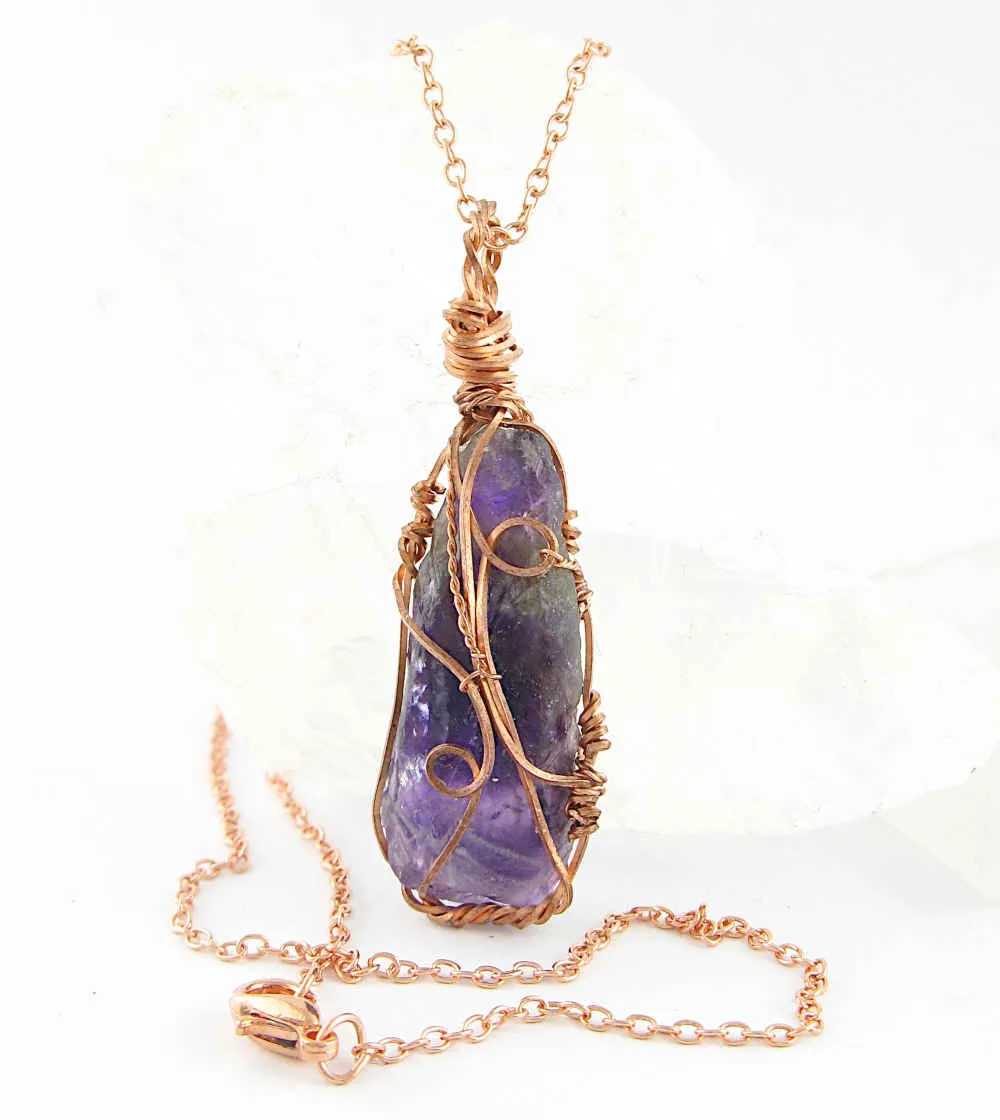 Raw Dark Purple Amethyst Crystal Reversible Pendant Necklace, Copper Wire-Wrapped, Handmade