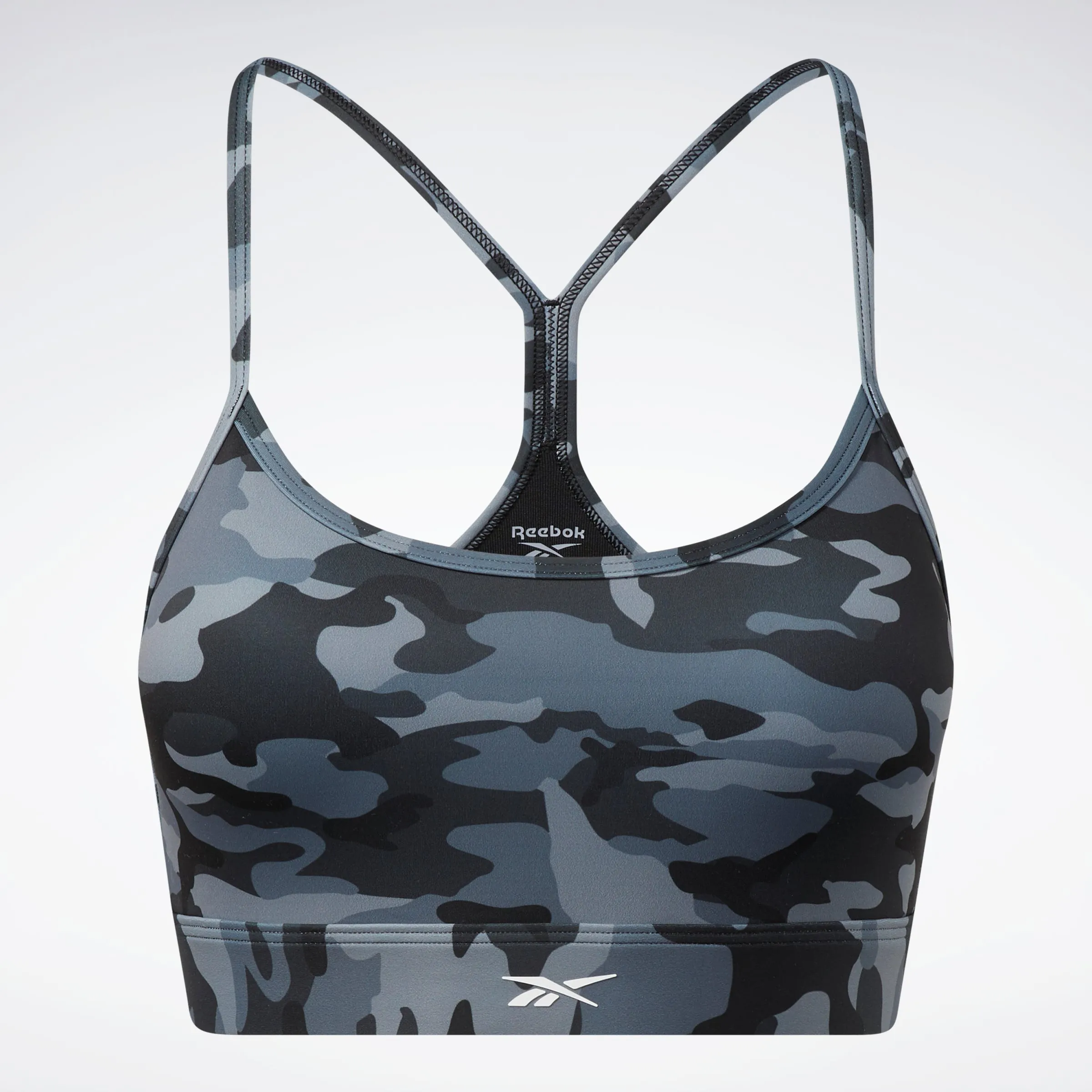 Reebok Apparel Women Lux Skinny Strap Camo Print Sports Bra Black