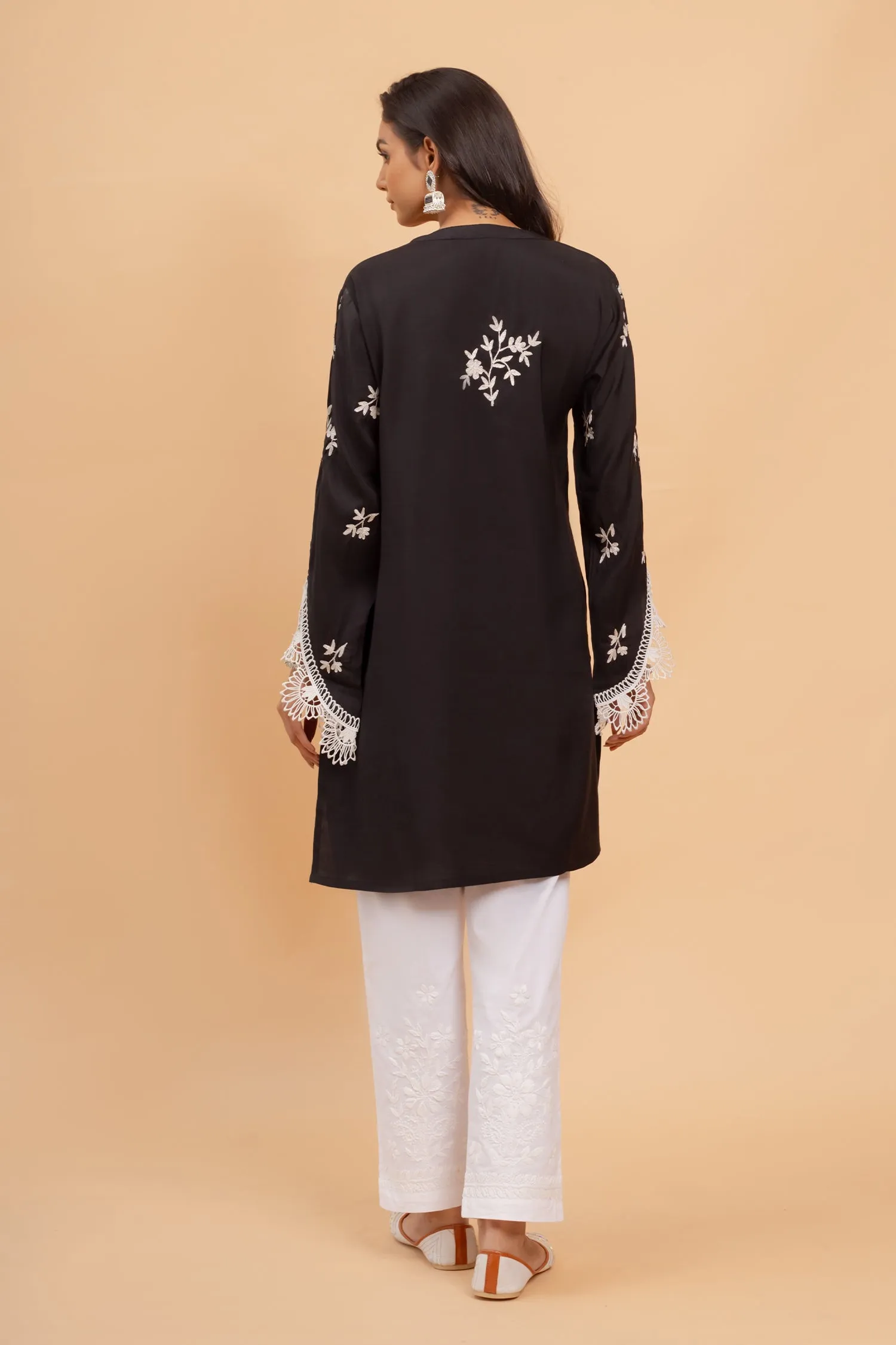 Saba Zari Work Long Kurta In Muslin - Black