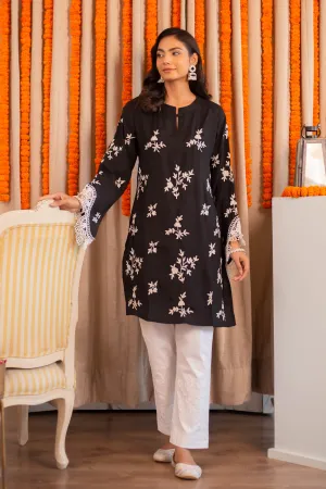 Saba Zari Work Long Kurta In Muslin - Black