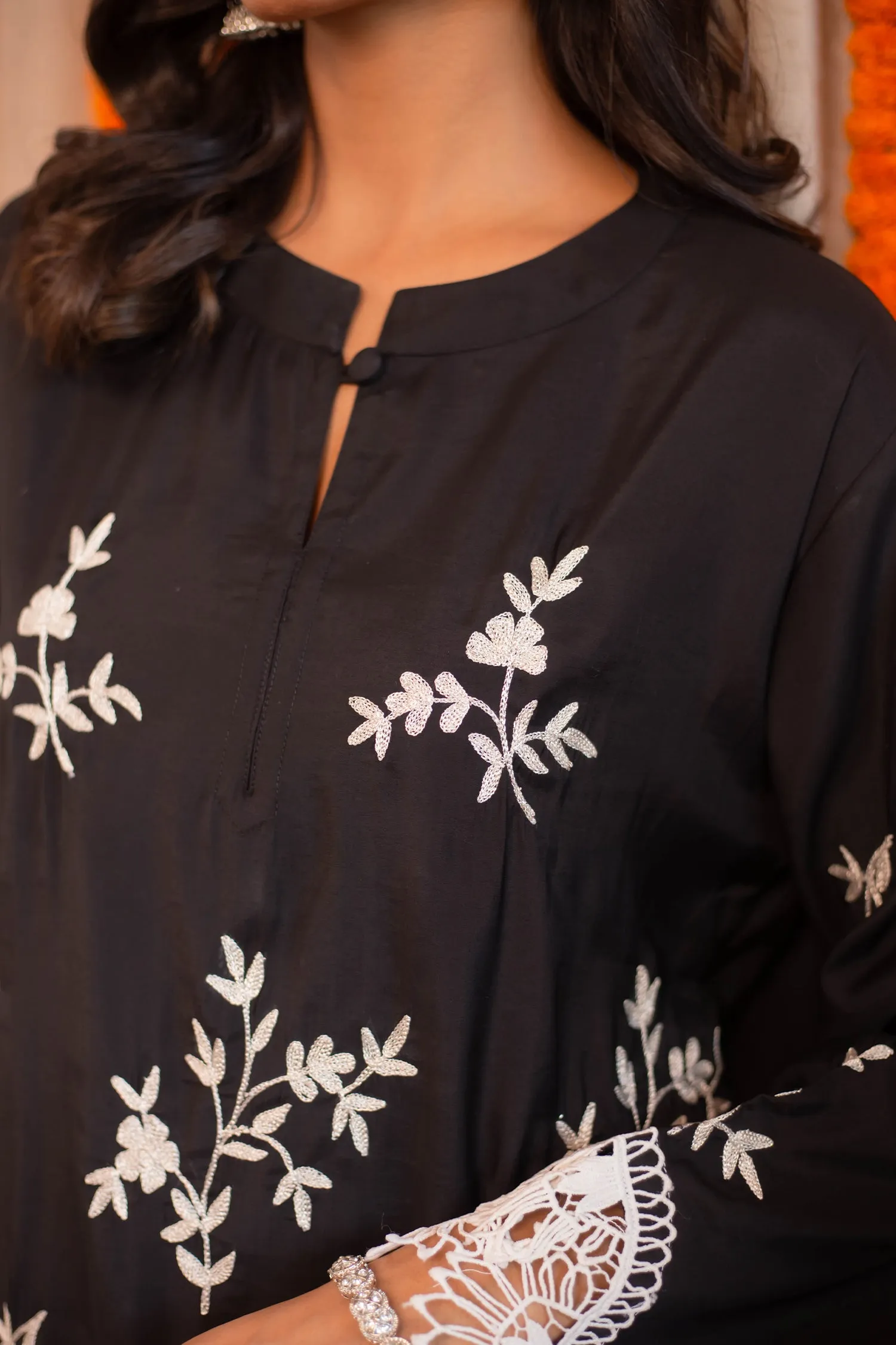 Saba Zari Work Long Kurta In Muslin - Black