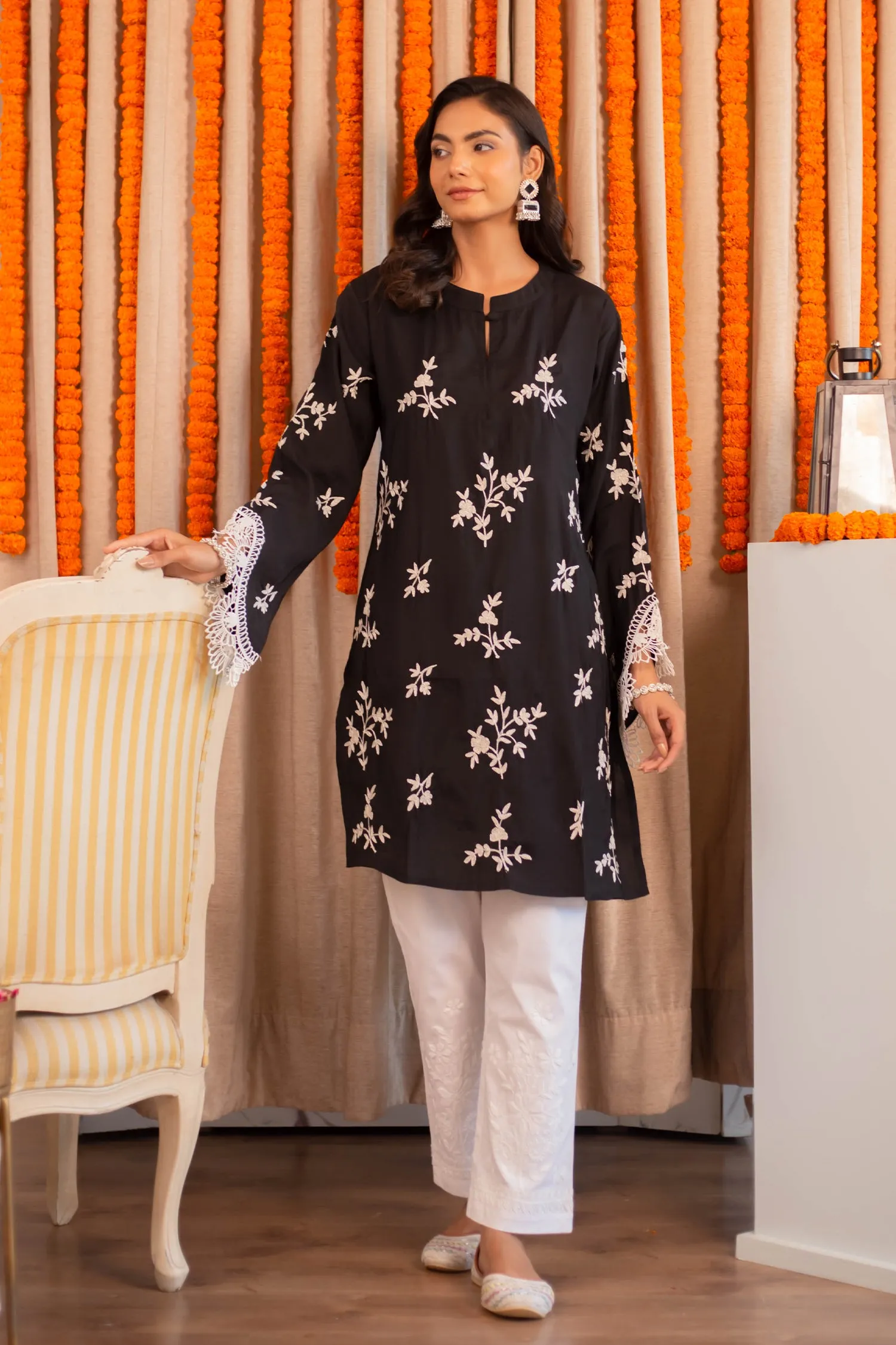 Saba Zari Work Long Kurta In Muslin - Black