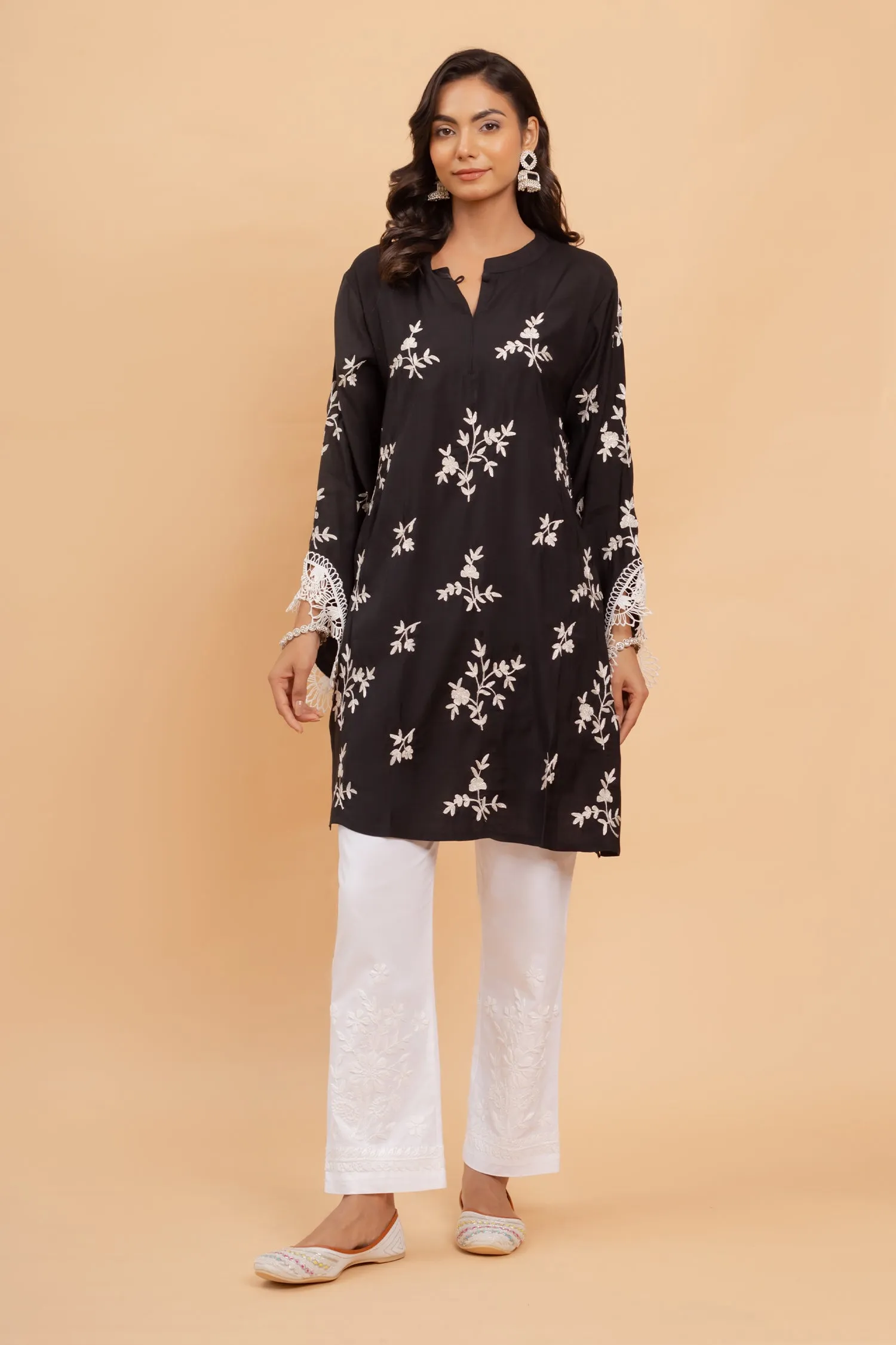 Saba Zari Work Long Kurta In Muslin - Black