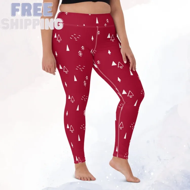 Scandinavian Forest Red High Waist Leggings for Christmas