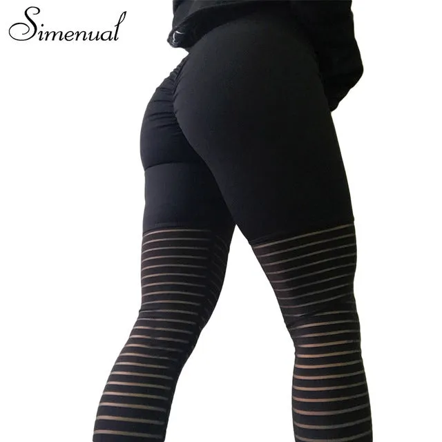 Simenual Push up ruched leggings for women 2018 summer slim sexy stripe mesh pants female bodybuilding black sportwear legging