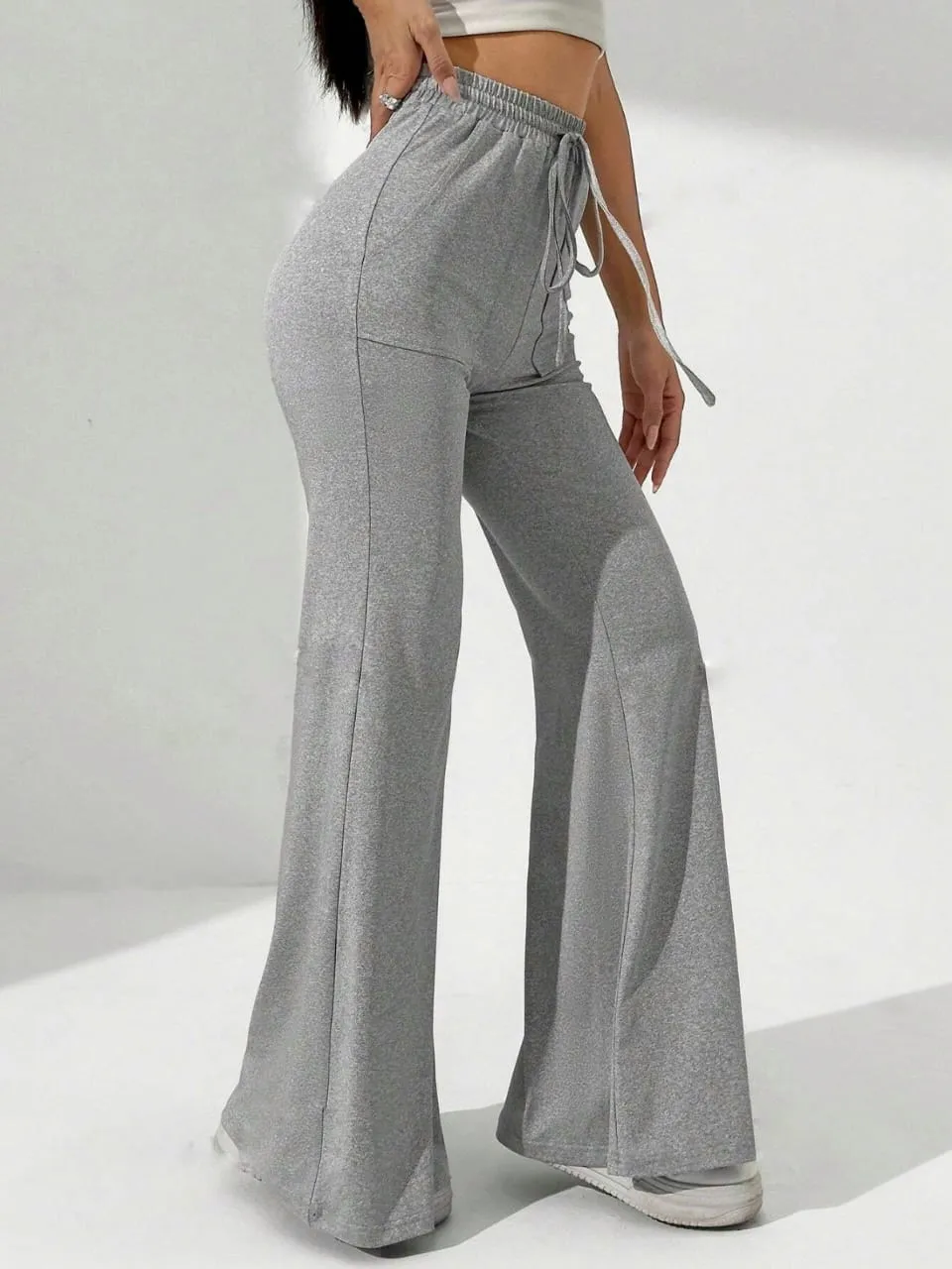 SOLID DRAWSTRING WAIST POCKET FLARE PANTS