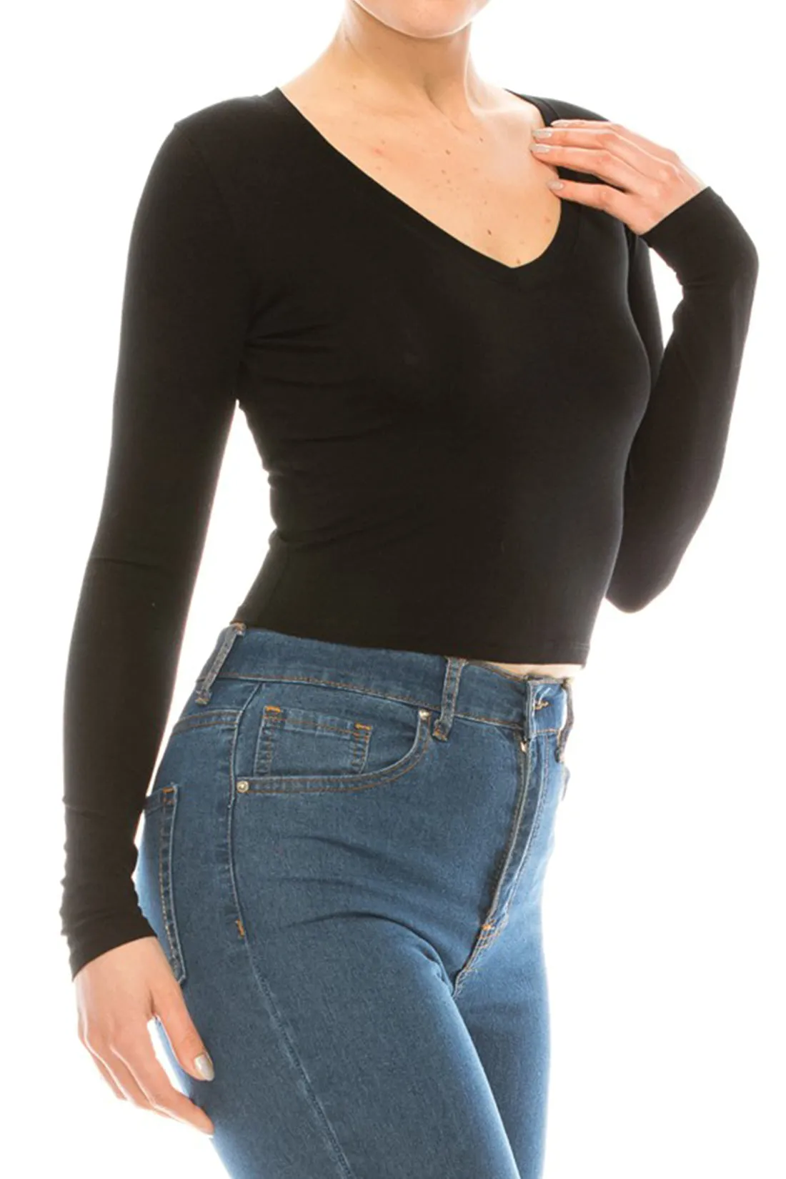 Women's Basic Casual Long Sleeve Stretch Solid Palin Crop Top Tee (FWT1081)