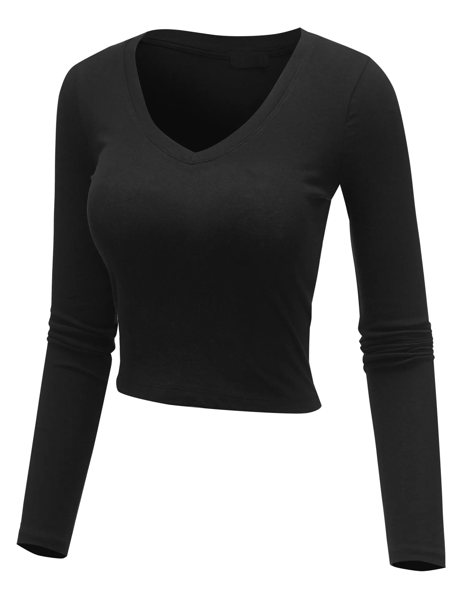 Women's Basic Casual Long Sleeve Stretch Solid Palin Crop Top Tee (FWT1081)