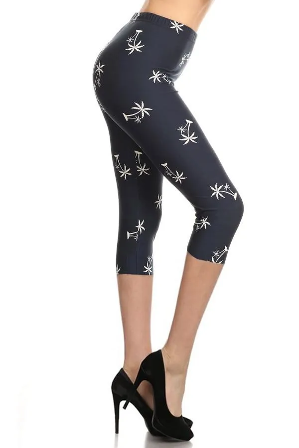 Womens Palm Tree Capri Leggings Soft Yoga Pants Blue/White Sizes 0-18