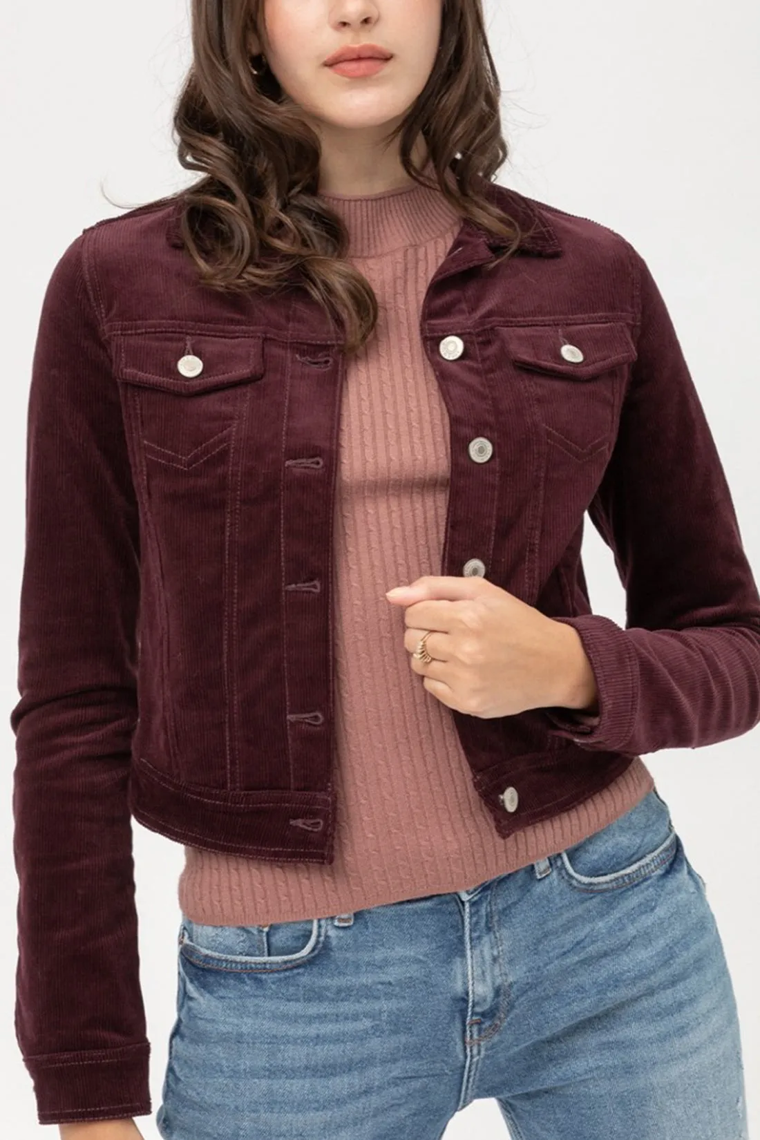 Women's Slim Fit Cropped Trucker Corduroy Jacket (FWJ1128)