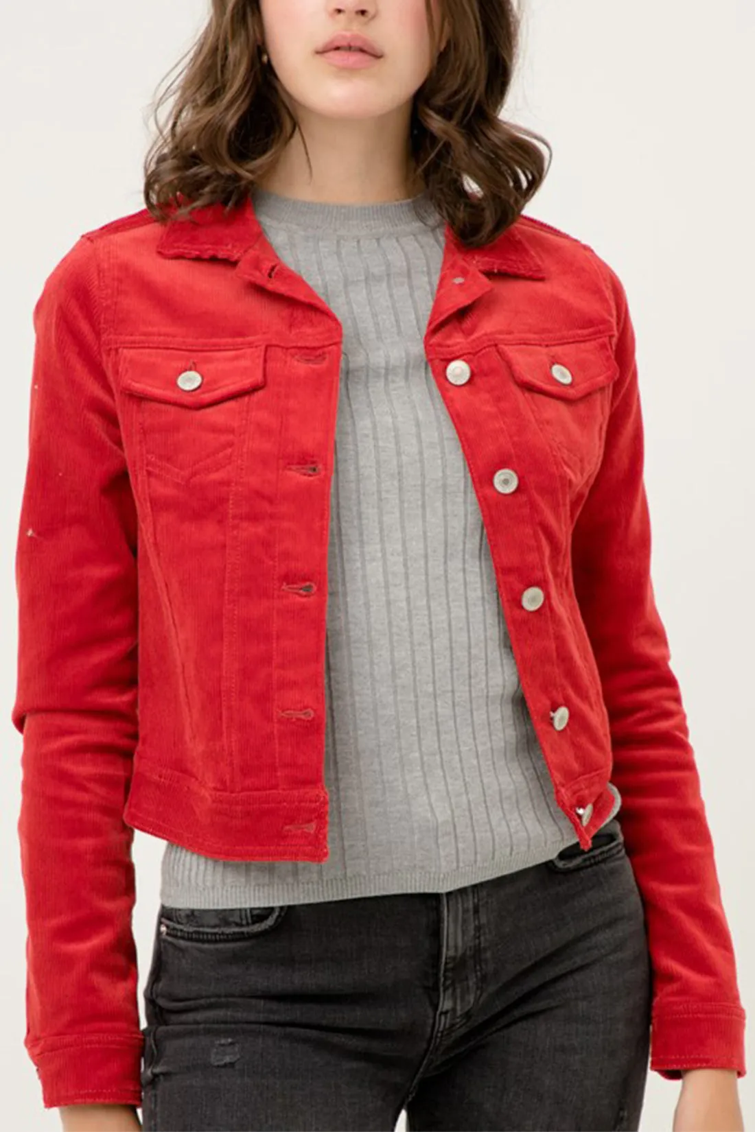 Women's Slim Fit Cropped Trucker Corduroy Jacket (FWJ1128)